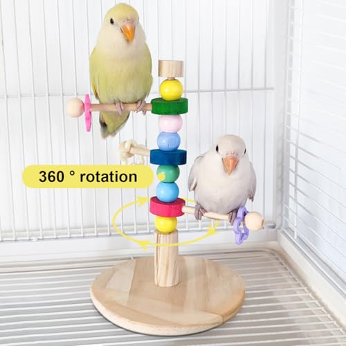 Image of Rotating Bird Perch Stand with Colorful Beads Wooden Parrot Standing Perch Toy Portable Parakeet Spin Training Perch Creative Playstand for Bird Cage Decor