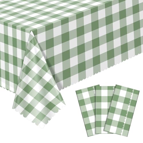 NatNarr 3 Pack Sage Green Gingham Tablecloths 137 X 274cm Disposable Party Table Covers Scalloped Green Checkered Table Cloth Waterproof Tablecloth for Picnic Birthday Barbecue Tea Party Wedding