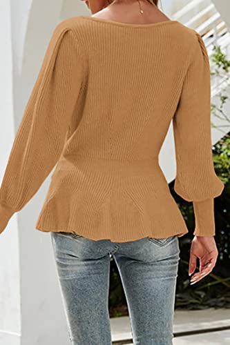 Image of Womens Fall Puff Sleeve Peplum Casual Slim Fit Knit Pullover Sweater Jumper Tops