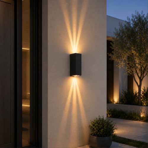 Image of Bofea-Outdoor Waterproof Wall Sconce Black Aluminum Construction with Dual Up /Down LED Lights Black Wall Sconces Outside Wall Lights Ideal for Patio, Garden and Porch Lighting(Three Beams Up And Down)