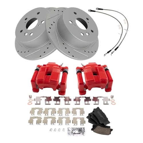 Image of TRQ Performance Rear Brake Pad and Rotor Set Ceramic Coated Slotted Drilled