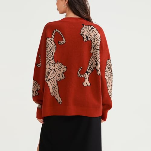 Image of Tiger Print Cardigan Sweaters for Women Button Up Y2k Knitted Cardigans Oversized Long Sleeve Sweater Coats(Orange Brown,S)