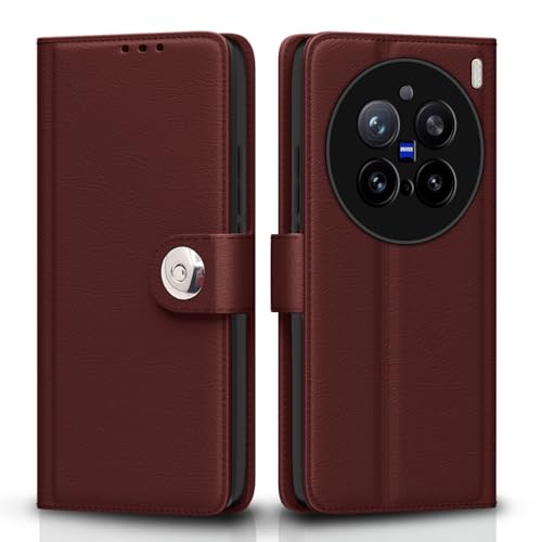 Image of Pikkme Flip Cover Leather Finish | Inside TPU with Card Pockets | Wallet Stand and Shock Proof | Complete Protection Button Flip Case for Vivo X200 Pro 5G(Brown)