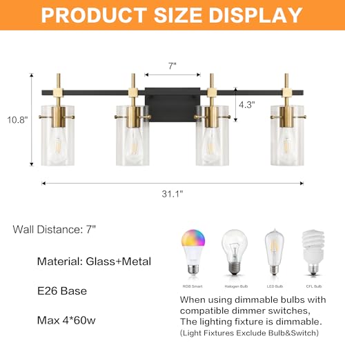 Image of SOLFART Farmhouse Brass Bathroom Vanity Lights fixtures Over Mirror Vintage Bathroom Lighting Wall Sconce with Glass Shade 4 Lights