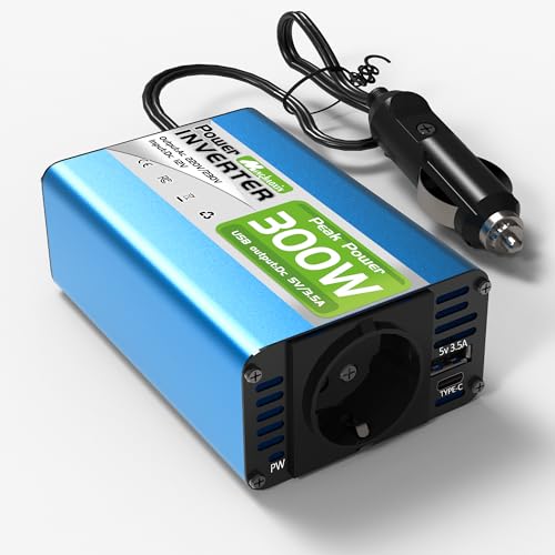 300W Car Power Inverter 12V to 230V/240V Converter Car Charger Lighter Adapter USB-A and USB-C 3A Charging Ports - Blue Aluminum Body