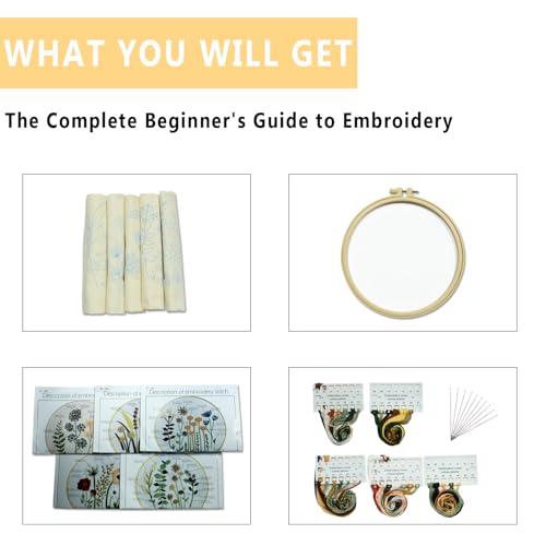 Image of GOGLAM Embroidery Kit for Beginners, 5 Sets Cross Stitch Kits, Needlepoint Kits Adults Beginner with Stamped Flower Pattern, Hoop, Needle, Easy Crafts Kits for Adults