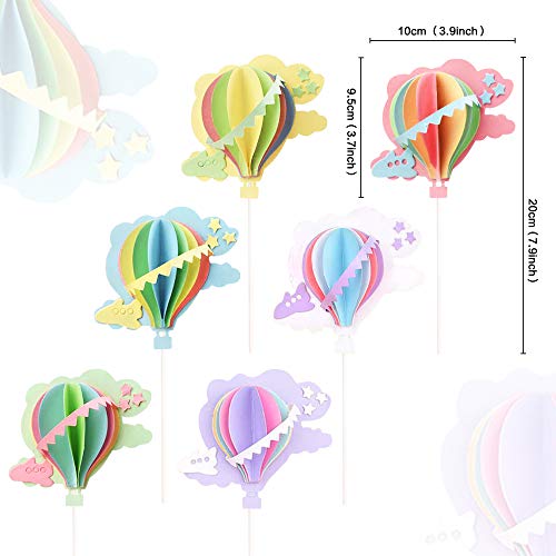 Unimall Pack Of 6 Hot Air Balloon White Bule Pink Yellow Green Purple Cloud 3D Paper Cake Topper, Cupcake Topper For Kids Birthday, Baby Shower, Party Decorations Supplies #TOP3