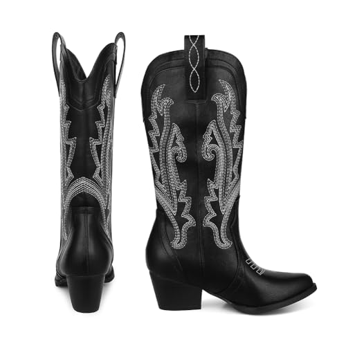 Image of AOSPHIRAYLIAN Cowboy Boots for Women Retro Pointed Toe Pull On Block Chunky Heel Glitter Sparkly Metallic Embroidecamel Country Concert Outfits Calf Western Cowgirl Boots