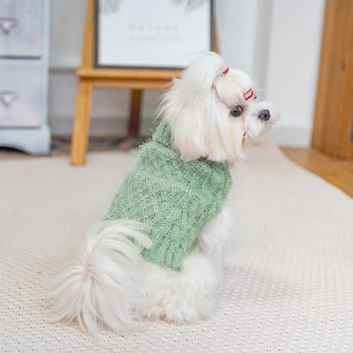 Image of Turtleneck Small Dog Sweaters - Classic Cable Knitwear Winter Coat for Small Medium Dogs Male Female Puppy Dog Cold Weather Clothes Girls Boys, Green, M