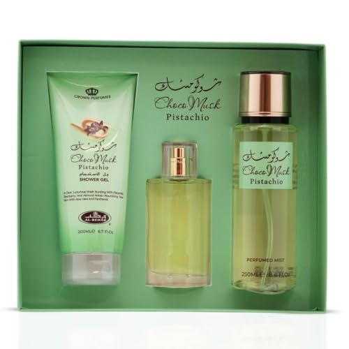 Image of Al-Rehab Choco Musk Pistachio 3-Piece Gift Set - Eau de Parfum 50ml + Shower Gel 200ml + Body Mist 250ml - Pistachio & Vanilla Unisex Collection