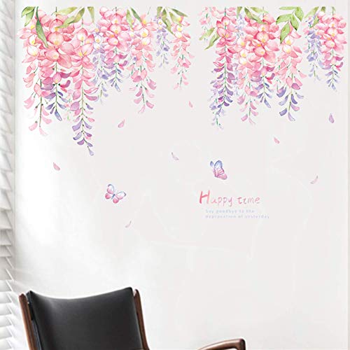 Rofarso 6 Sheets Hanging Wisteria Flower Leaves Wall Stickers Removable Pvc Wall Decals Peel And Stick Wall Art Decorations Decor For Bedroom Living Room Murals (3 Sets) #TOP1