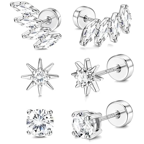 Dochais Flat Back Sterling Silver Earrings 14K Gold Plated Hypoallergenic Stud Earrings for Women Men Tragus Helix Piercing Jewelry Small Cubic Zirconia Cartilage Earring Sets Silver Cover