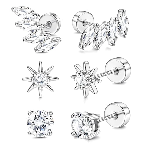 Dochais Flat Back Sterling Silver Earrings 14K Gold Plated Hypoallergenic Stud Earrings for Women Men Tragus Helix Piercing Jewelry Small Cubic Zirconia Cartilage Earring Sets