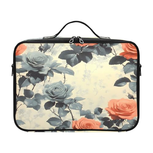 zyrtty Travel Makeup Train Case Flower Coral Pink Black Grey Leaves Pattern Cosmetic Organizer Portable Storage Bag with Adjustable Dividers for Cosmetics Brushes Toiletry Jewelry Digital Accessories