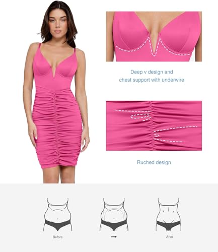 Image of Popilush Corset Midi Dress Deep V-Neck Adjustable Strape Summer Ruched Dresses Tummy Control Built in Shapewear