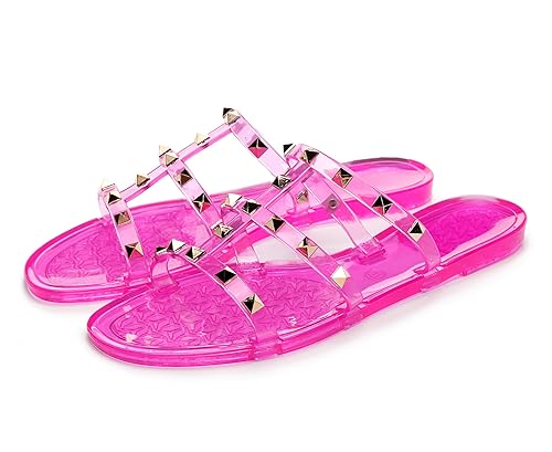 Image of Women Flats Sandals, Studded Jelly Shoes Size 9 Red Dressy Summer Beach Rivets Strappy Jellies Slide Slip On Open Toes