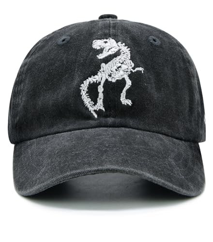 Wodeal Boys' Dino Hat, Vintage Washed Skeleton Dinosaur Baseball Cap, Adjustable for Kids Age 2-11 Black