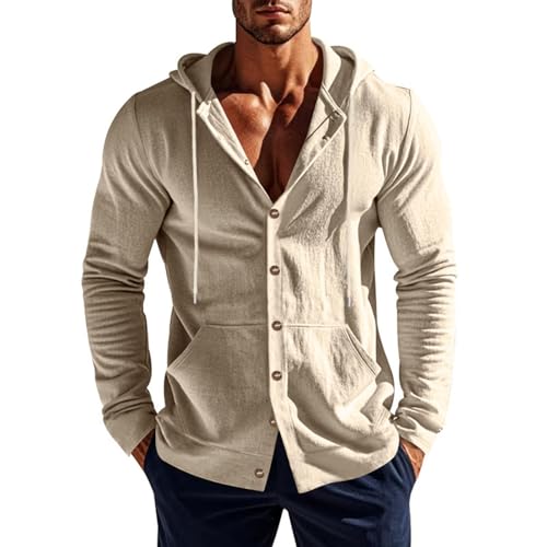 Men's Cotton Linen Hoodie Sweatshirt Lightweight Long Sleeve Button down Hoodies with Pockets Loose Fit Fall Jacket2