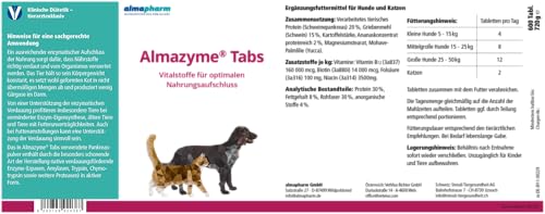almapharm Almazyme | 600 Tabs | Ergänzungsfuttermittel für Hunde und Katzen | Bei unzureichender Verdauung | Bei exokriner Pankreasinsuffizienz