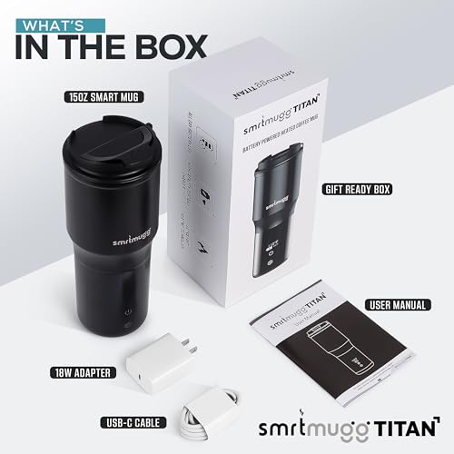SmrtMugg TITAN Heated Coffee Mug, 15 oz. 15 Hour Battery Life, Self-Heating, Battery Powered, Adjustable Temperature, LCD Screen, Portable Charger, Great for Coffee and Tea Lovers (Black) - Thumbnail 7