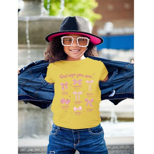 KEEVICI Cute Girls Bow God Shirt Christian Graphic Tees Jesus Shirts for Kids Bible Verse Inspirational Religious T Shirts(Yellow,140)3