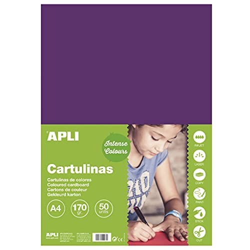 APLI 14247   Cartulina din a4, 170g/m2, color morado en paquete de 50 hojas