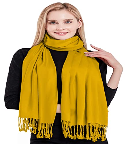 CJ Apparel Amber Yellow Solid Color Tassels Design Nepalese Shawl Seconds Scarf Wrap Stole Throw Head Wrap Pashmina Hand Made in Nepal New4