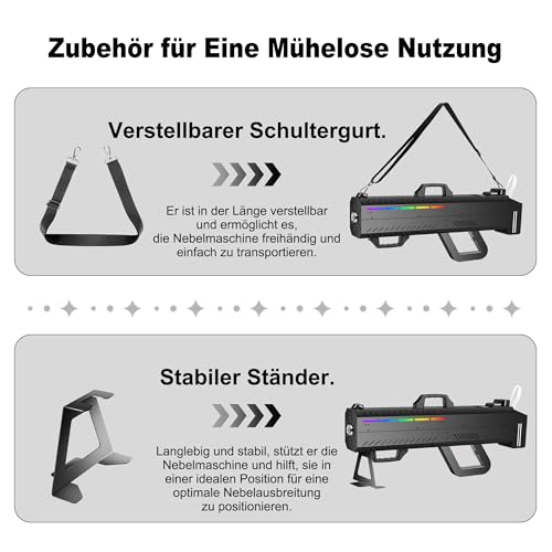 Telbum Nebelmaschine 1500W Party Gun mit 6 LEDs, Handheld Nebelmaschine mit Ständer/Gurt Dual Use, Timerfunktion, Fog Machine für Halloween Party, DJ Disco Bühne Hochzeit