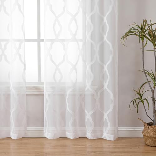Image of OWENIE Faud Sheer Curtains 54 Inch Length 2 Panels Set for Living Room, White Textured Short Curtains with Geometric Jacquard Clip Design, Farmhouse Chic Girls Nursery Window Drapes, W42 x L54