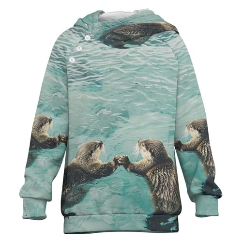 Otters Holding HandsChildren's Raglan Sleeve Hoodie, Suitable for Home And Outdoor Use14-15Y