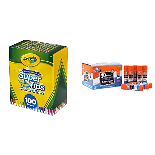 Crayola Super Tips Marker Set (100 Count), Washable Markers, Kids Gifts for Girls & Boys and Elmer's Disappearing Purple School Glue Sticks, Washable, 7 Grams, 30 Count