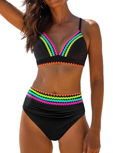 popvil Sexy High Waisted Bikini Sets for Women Tummy Control Swimsuit Neon Two Piece Bathing Suit