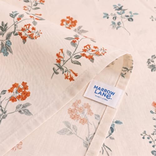 Image of Marrow Lane 300 TC Soft Air Cotton Double Bedsheet with 2 Pillow Covers | Amber Bloom Botanical Floral Print | Breathable Flat Sheet | 228.6 x 254 cm | Ivory & Orange
