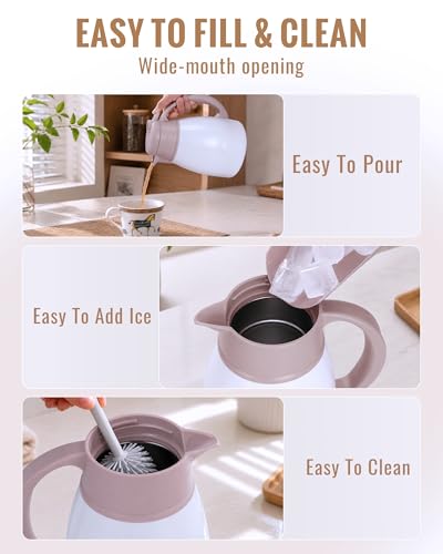 Image of GiNT Insulated Coffee Carafe 34 Oz, Small Stainless Steel Flask for Hot Coffee with Fully Washable Detachable Lid, Portable Thermal Pitcher One-Hand Push Button Tea Dispenser for Travel Camping Office