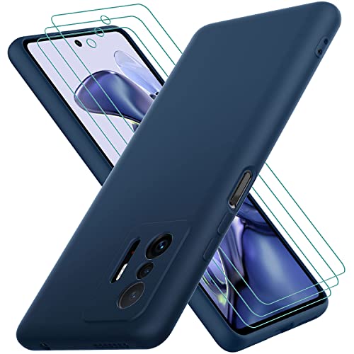 Oureidoo, Funda para Xiaomi 11T/11T Pro con 3 Unidades Cristal Templado, Carcasa de Sedoso-Tacto Suave Silicona Líquida, Cubierta a Prueba de Golpes con Forro de Microfibra, Azul Cover