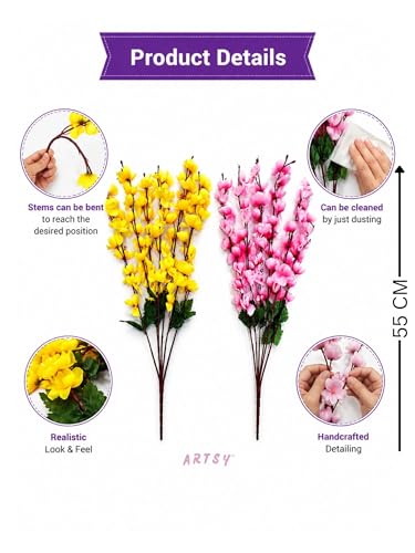 Image of ARTSY Artificial Flowers Bunch for Decoration Cherry Blossom, Ideal for vase, Home, Office Decor, Gifts, Craft, Artificial Plants for Decoration, Without vase, Yellow Pink, Combo, 2 Pieces
