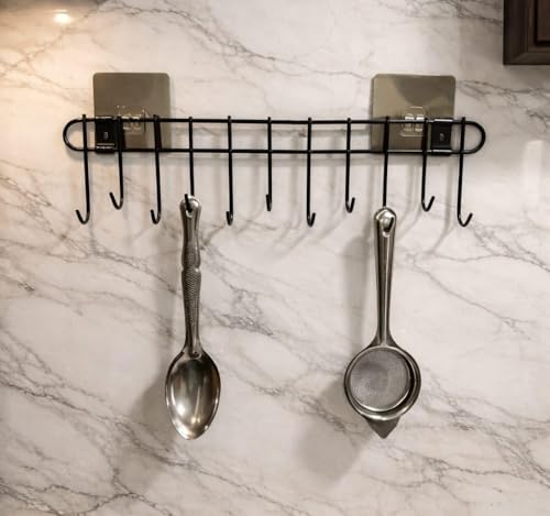 Image of Wall Mounted Kitchen Utensil Hanger with Adhesive Hooks | Heavy Duty Metal Spoon & Ladle Holder Rack | No Drilling Kitchen Organizer for Cooking Tools, Cups & Accessories (Black)