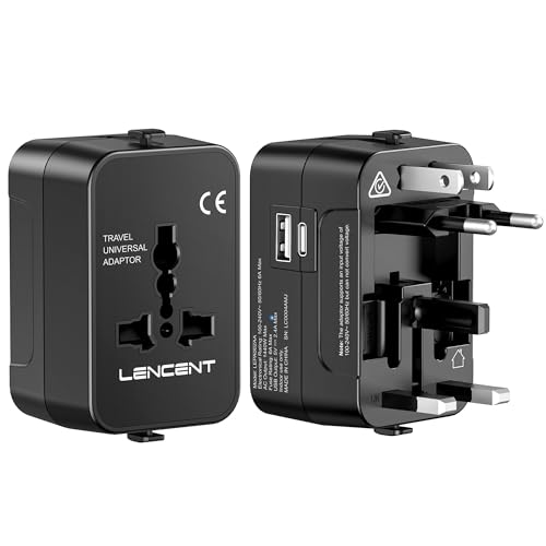 LENCENT Adaptador de Viaje, Adaptador Enchufe Universal, Enchufe de Viaje para más de 200 Países, Adaptador Internacional con 1 Puerto USB A y 1 Puerto USB C, Compatible con EU/UK/EE.UU./AUS