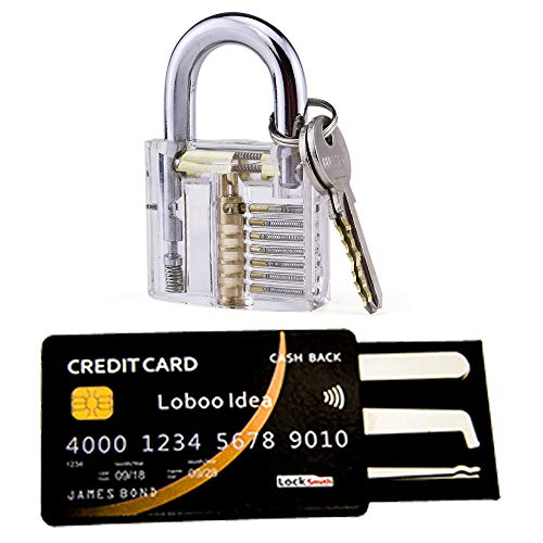  Loboo Idea - Lucchetto trasparente per addestramento pratica e 5 pezzi, kit di strumenti per la raccolta di carte di credito, strumento professionale per fabbri e principianti