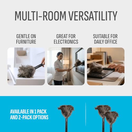 Image of Retractable Feather Duster 8-14 in Adjustable - Natural Ostrich Feather Duster for Cleaning Ceiling Fans, Blinds, Plantation Shutters, Walls & Furniture - Quality Checked in USA - 1 Pack