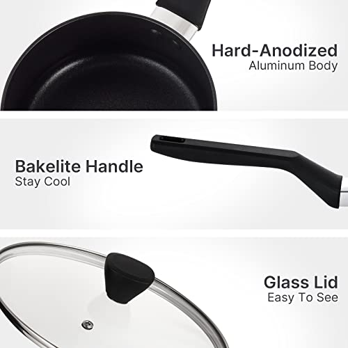 Qstar Hard-Anodized Aluminum 3.5Qt Nonstick Sauce Pan In Black With Lid And Cool Touch Handles #TOP6