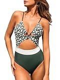 CUPSHE Women's One Piece Swimsuit Plunge Neckline Cutout Criss Cross Bathing Suit, Olive Green/White Polka Dots, Large