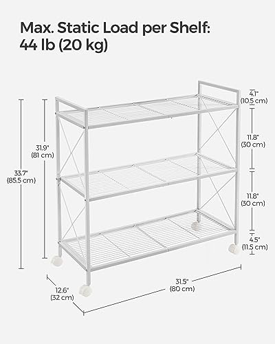 Image of SONGMICS 3-Tier Metal Storage Rack with Wheels, Mesh Shelving Unit with X Side Frames, 31.5-Inch Width, for Entryway, Kitchen, Living Room, Bathroom, Industrial Style, White UBSC183W01