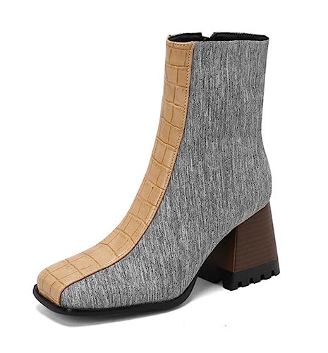 Image of CRETUAO Women's Fashion Colorblock Square Toe Chunky High Heel Ankle Boots,Rome Style Leather Face Elastic Western Cowboy Mid Boots,Gray Cloth,6 UK