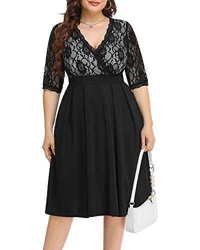 Pinup Fashion Plus Size Cocktail Dresses for Wedding Guest Little Black Fit and Flare Short Prom Formal Party Wrap Midi Dress Sleeves