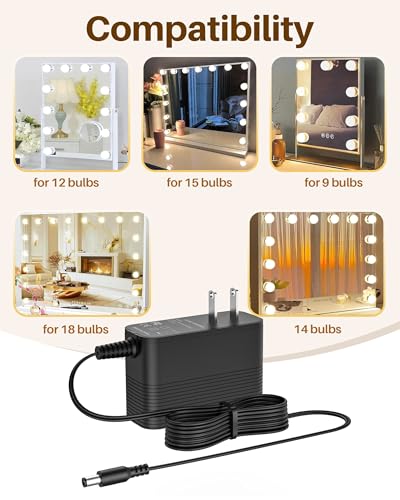 Image of 12V Power Cord for Vanity Mirror Charger Compatible with FENCHILIN Vanity Mirror with Lights Power Cord for Hollywood Vanity Makeup Light Bulbs 12V 2A Replacement
