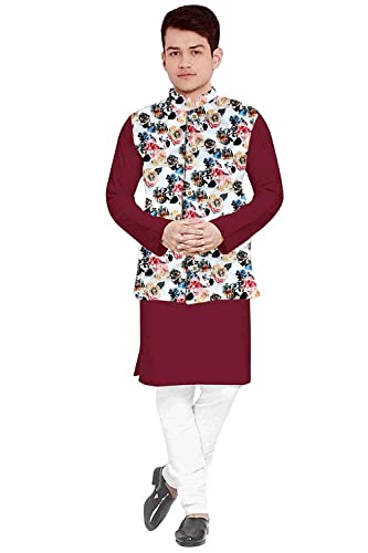Image of Os Men's & boy kurta pyjama set with nerhu jackets (Multi printed) in cotton (baap beta|father son|)