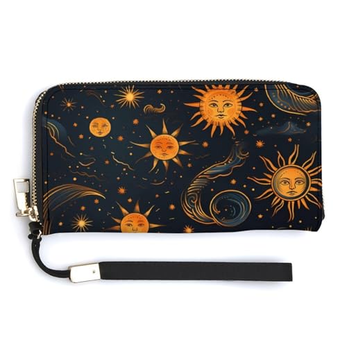 Bohemian Sun Leather Wallet Fashion Bifold Purse Long Pouch with Wrist Strap for Men Women