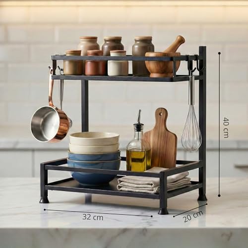 Image of IBELL DR6373 2-Tier Multipurpose Metal Storage Rack for Kitchen & Office | Countertop Organizer with Hooks | Spice Rack, Desk Shelf, Bathroom & Pantry Organizer (Black)