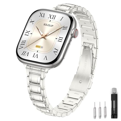 SOLOLUP Slim Metal Band Compatible With Apple Watch Bands for Women 44mm 45mm 46mm 49mm 42mm,Thin Dressy Stainless Steel Chain Strap for iWatch Band Series 11 10 9 8 7 6 5 4 3 Ultra SE 3/2,Starlight